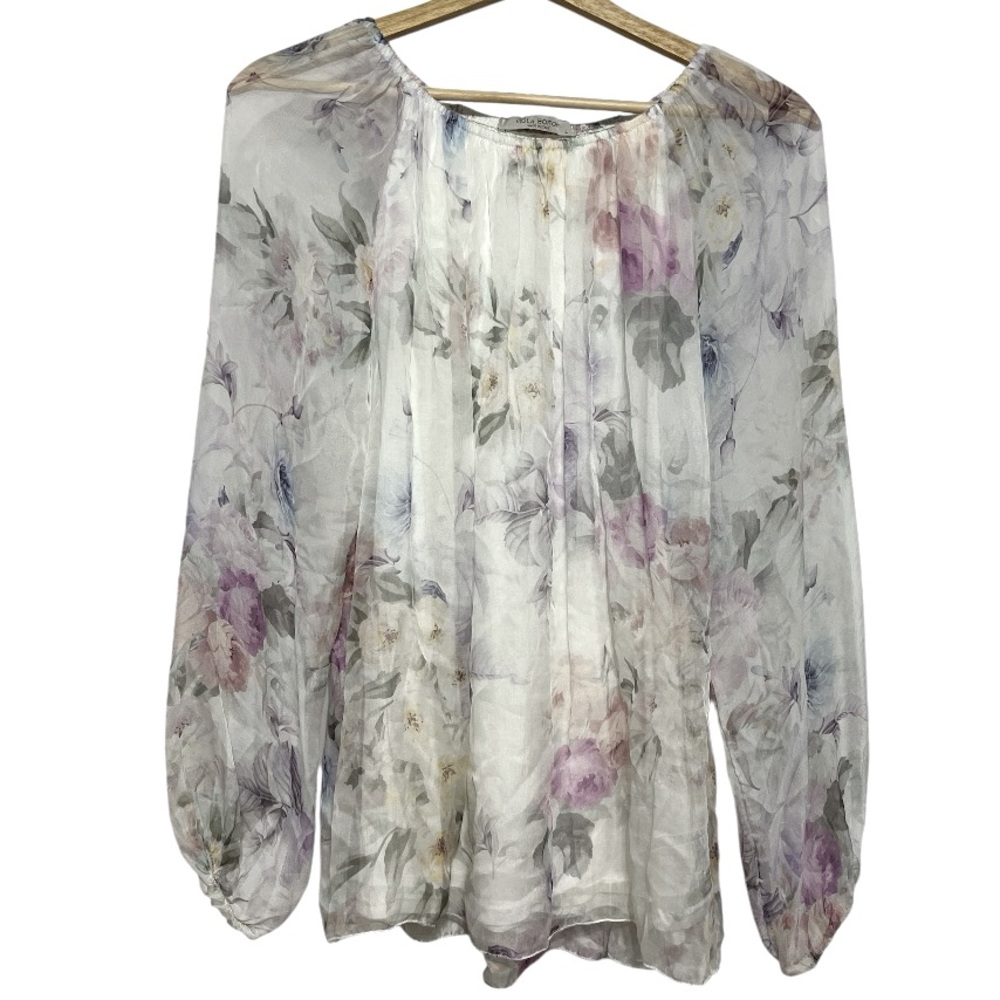 Viola Borghi Women Blouse Shirt Top Large 100% Silk Chiffon Long Sleeve Italy